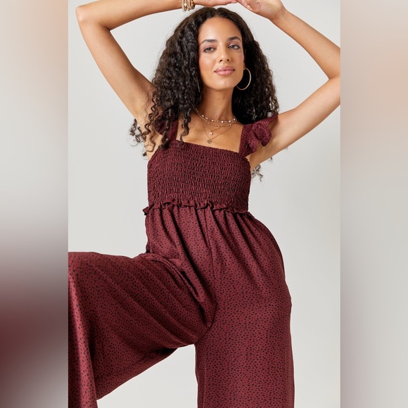 Francesca’s Mi Amor Becca Ruffle Strap Jumpsuit - XS, Burgundy Red/Black Print - Picture 1 of 10